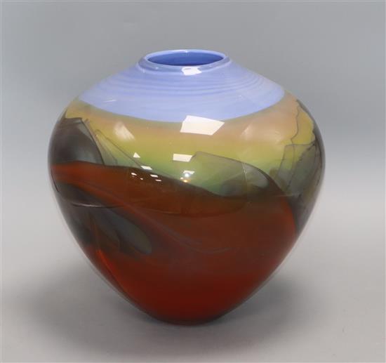 Peter Layton. A large marbled glass vase height 26cm